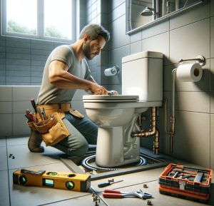 a plumber installing a new toilet